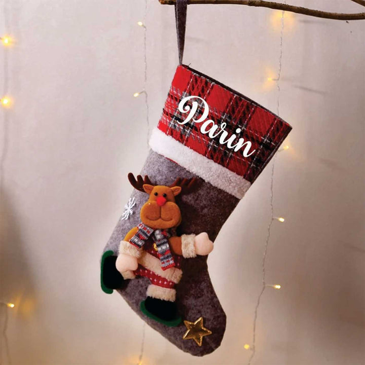 Personalized Plaid Band Linen & Fur Stockings For Christmas Decoration