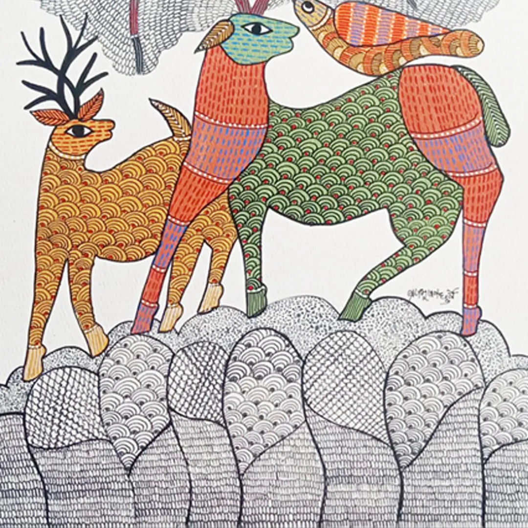 11 x 16 Inch | Wildlife & Nature | Original Hand Painted Tribal Gond Art Painting | Acrylic Paint On Paper