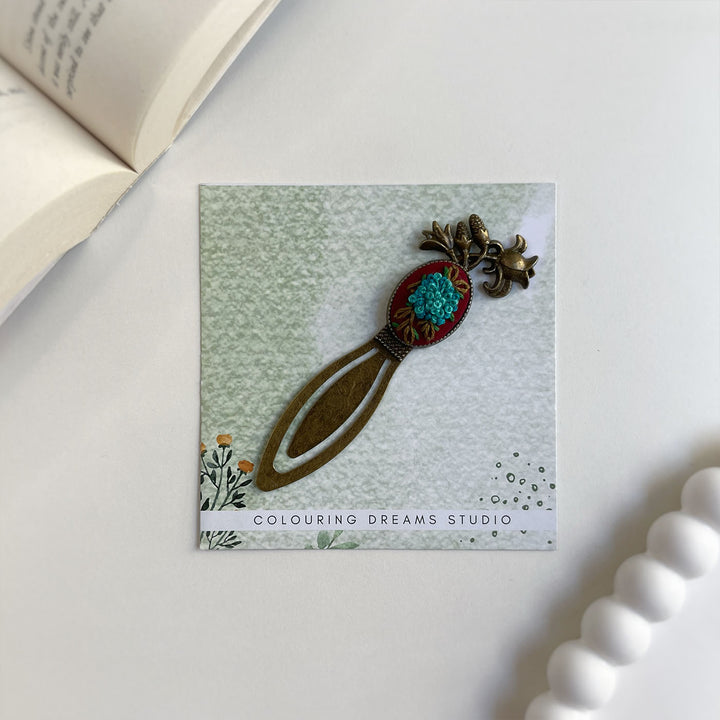 Hand Embroidered Tales In Teal Bronze Bookmark