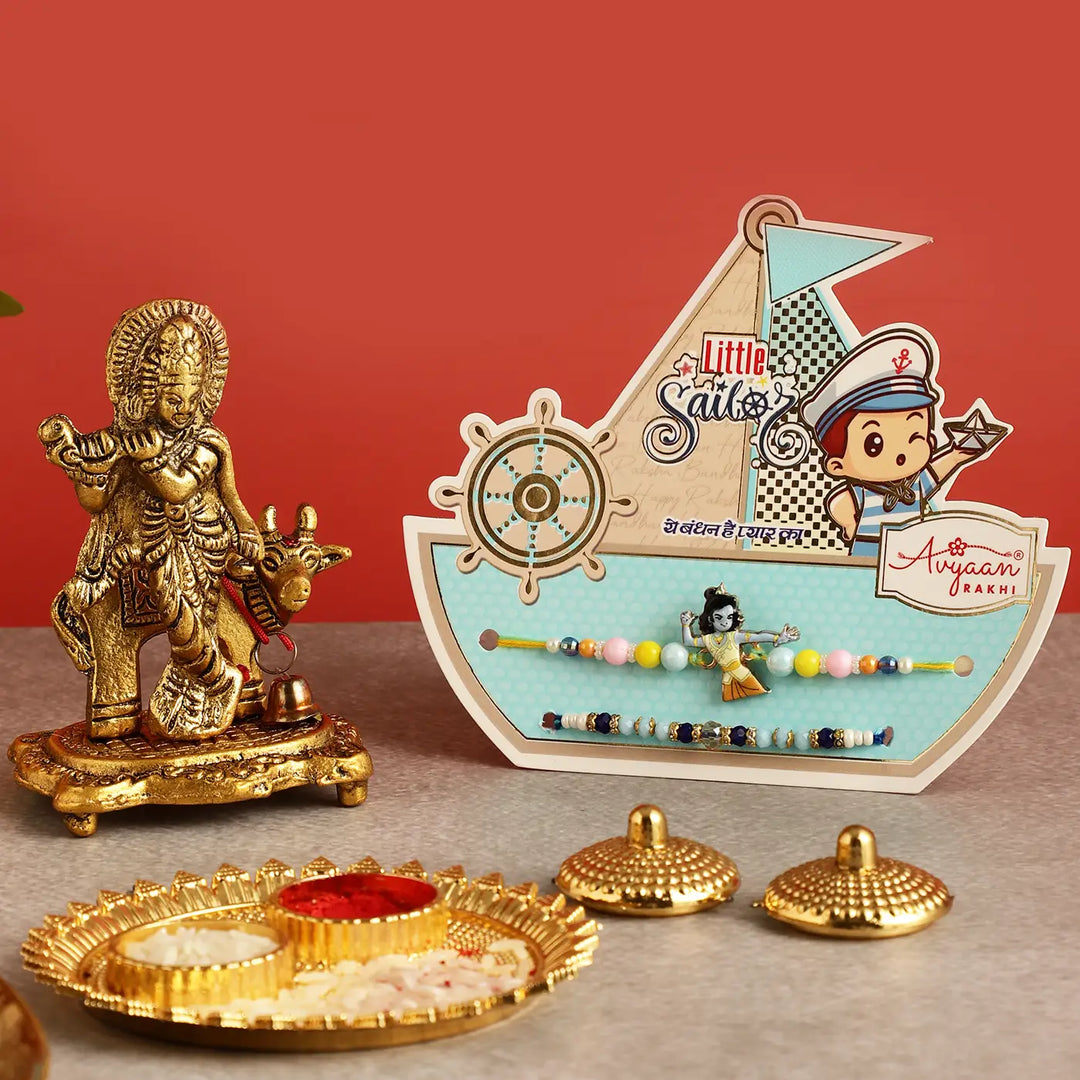 Handmade Krishna Rakhi Hamper | Includes 1 Krishna Idol, 2 Rakhis, 1 Roli Chawal