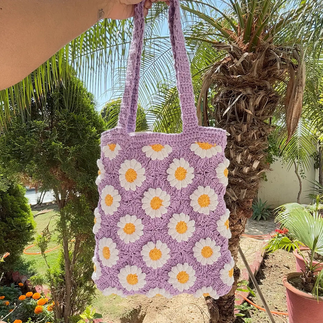 Handmade Crochet Daisy Flower Design Cotton Tote Bag