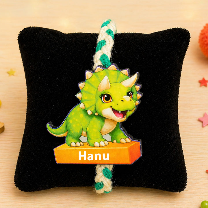 Personalized Reusable Triceratops Dino MDF Wood Rakhi With Roli Chawal
