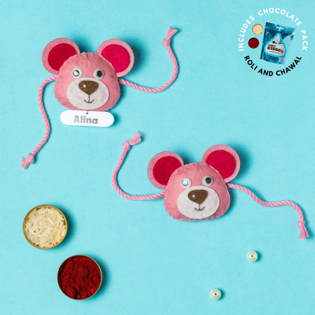 Personalized Handmade Teddy Theme Felt Kids Rakhi With Chocolates & Roli Chawal