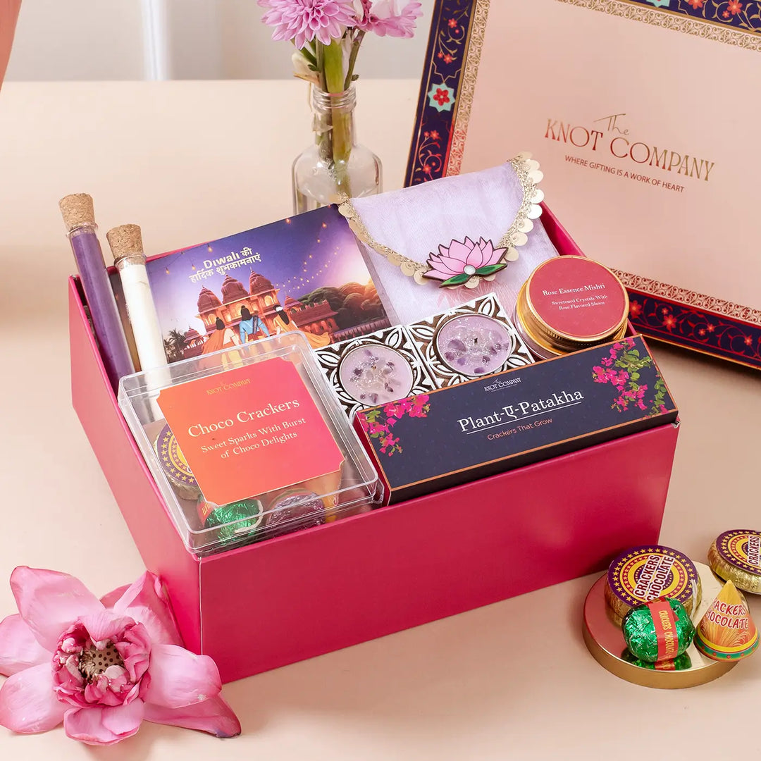 Sweets Hues of Diwali Gift Hamper | Includes 1 Postcard, 2 Rangoli Tubes, 5 Cracker Chocolates, 4 Plantable Crackers, 1 Rose Mishri, 1 Organza Potli (Pooja Samagri), 2 Tealight Holders, 1 Gift Box