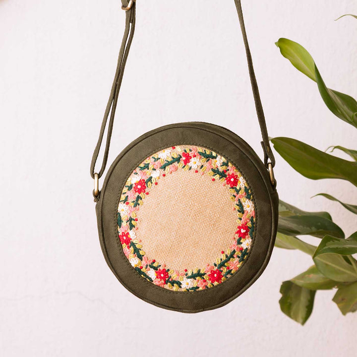 Personalized Embroidered Olive & Jute Floral Round Sling Bag