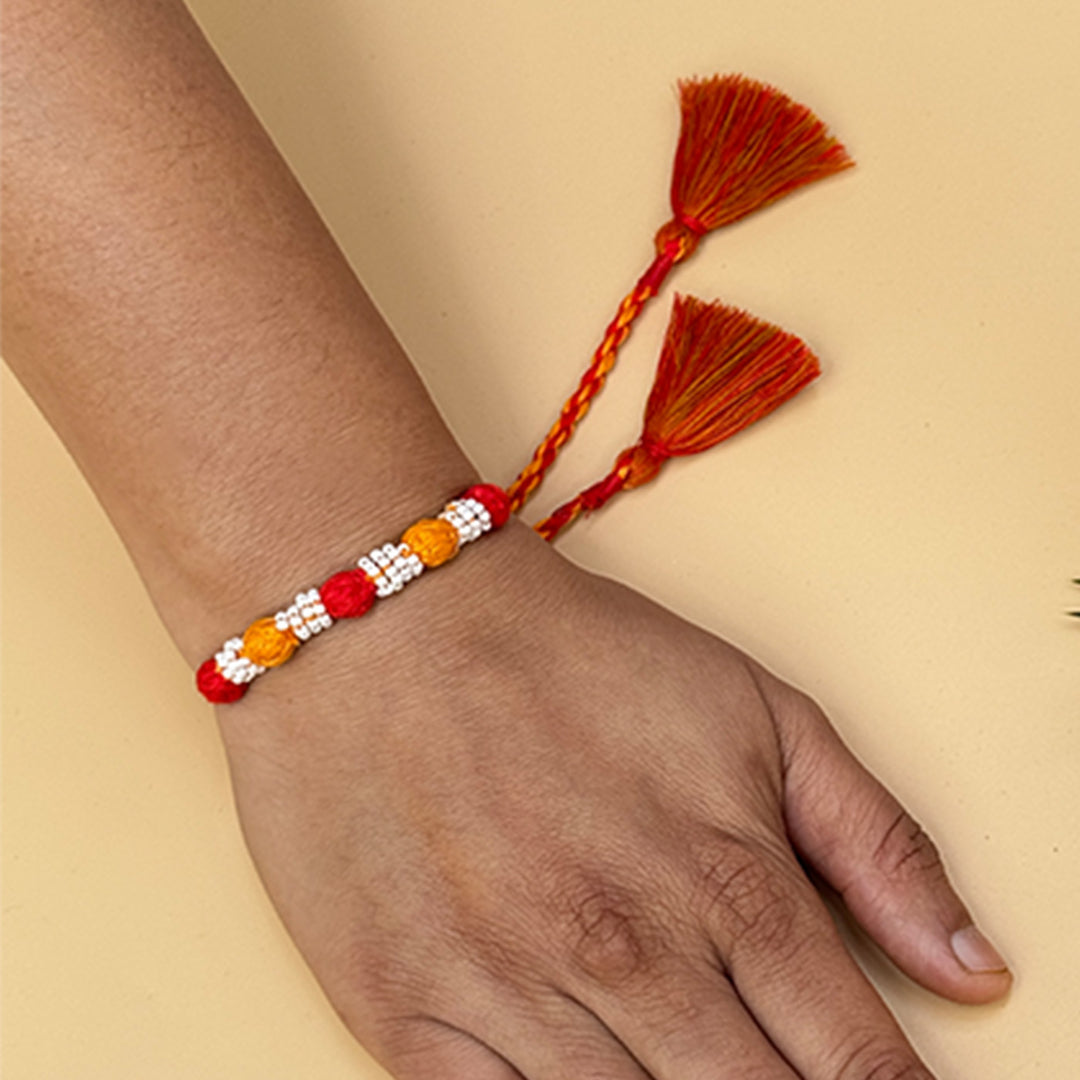 Handmade Reusable Red And Yellow Beaded Patwa Rakhi For Brother