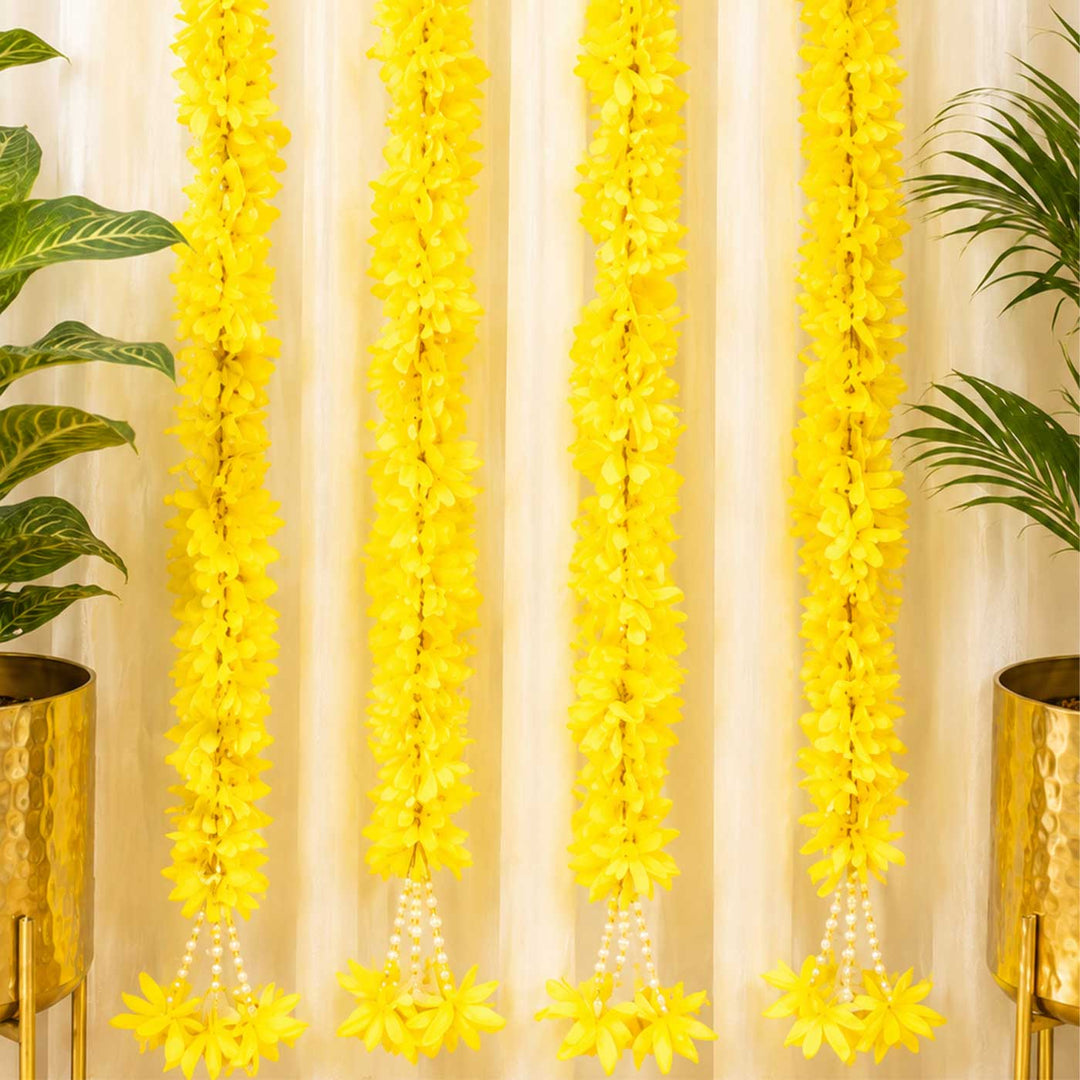 Handcrafted Yellow Artificial Flower Long Door Hangings With Tassels