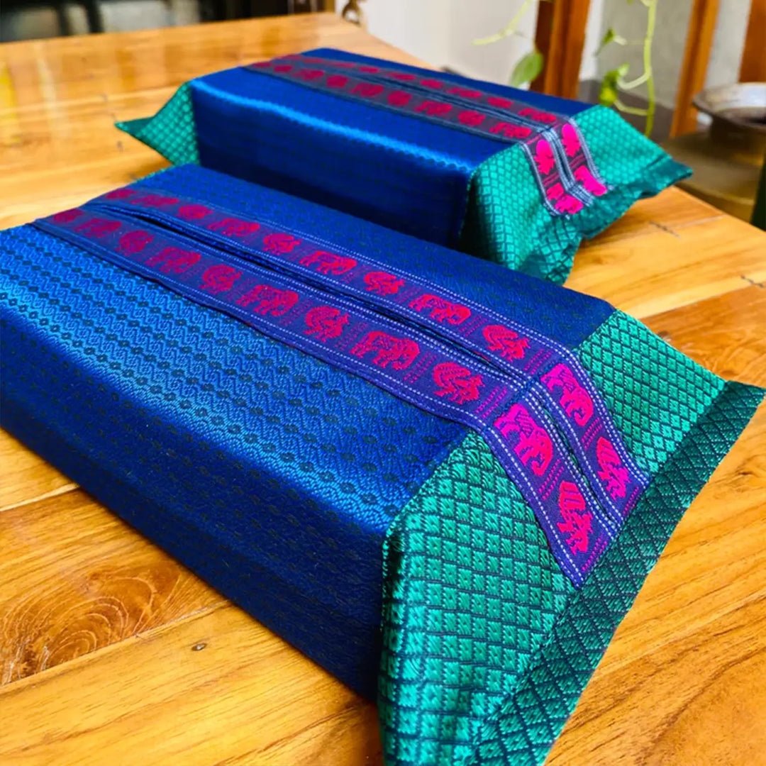 Handmade Blue Elephant & Peacock Motif Khunn Fabric Cotton Tissue Box Cover