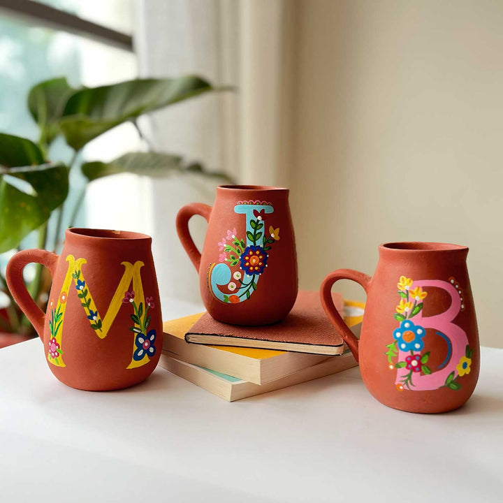 Personalized Hand-painted Floral Theme Monogram Terracotta Mug - R