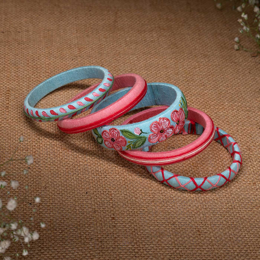 Blue & Pink Handcrafted Periwinkle Bangles | Set of 5