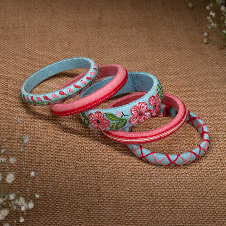 Blue & Pink Handcrafted Periwinkle Bangles | Set of 5