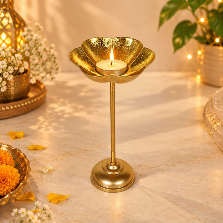 Set Of 3 | Handmade Gold Big Flower Iron Oil Lamp / Diya For Festive Decor