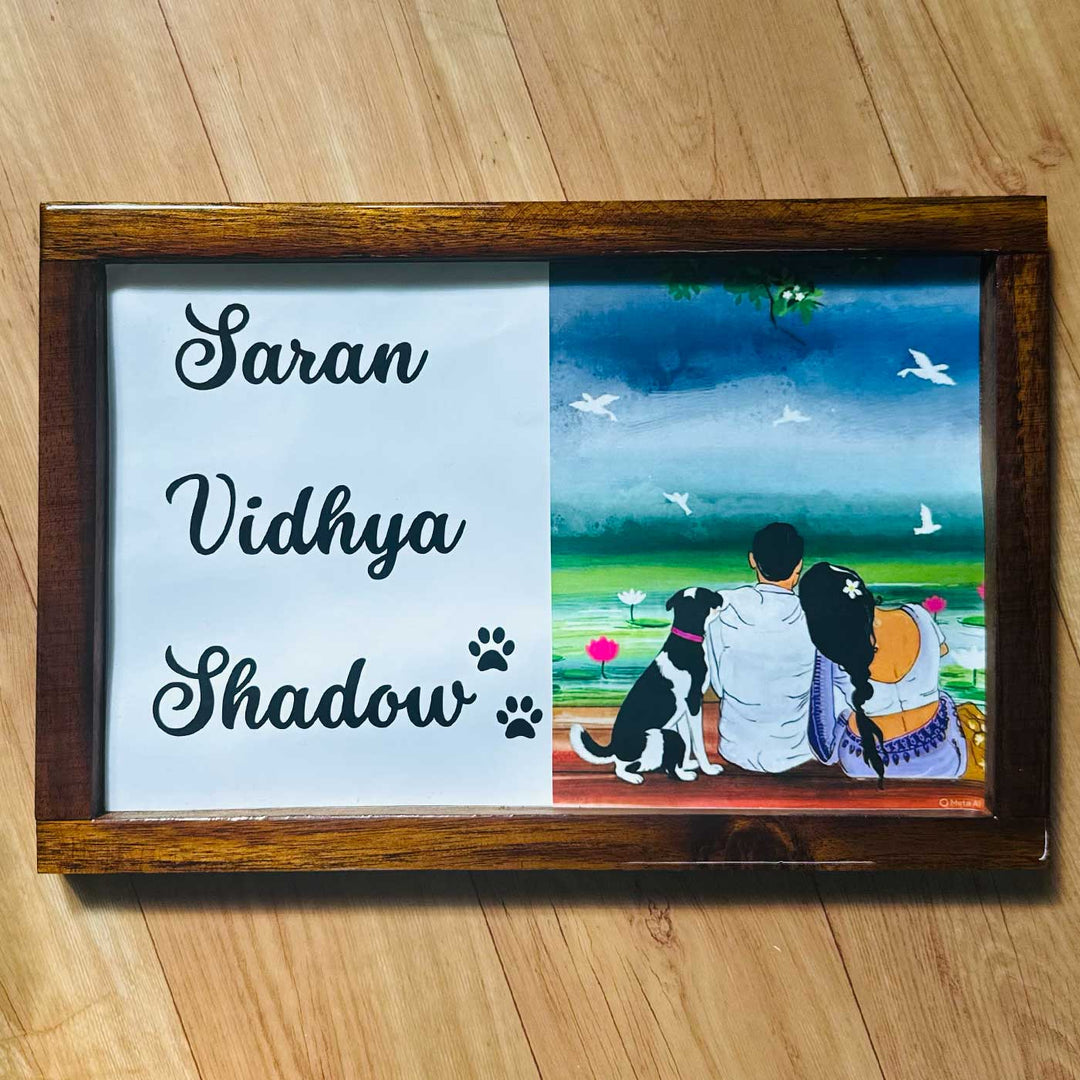 Couple With Pet Caricature Photo Personalized Resin Wooden Frame Name Plate