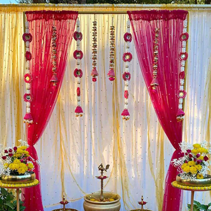Pink & Yellow Tissue Drape Backdrop Decor Kit With Mirror Cone Tassels For Pre-Wedding/Festivals