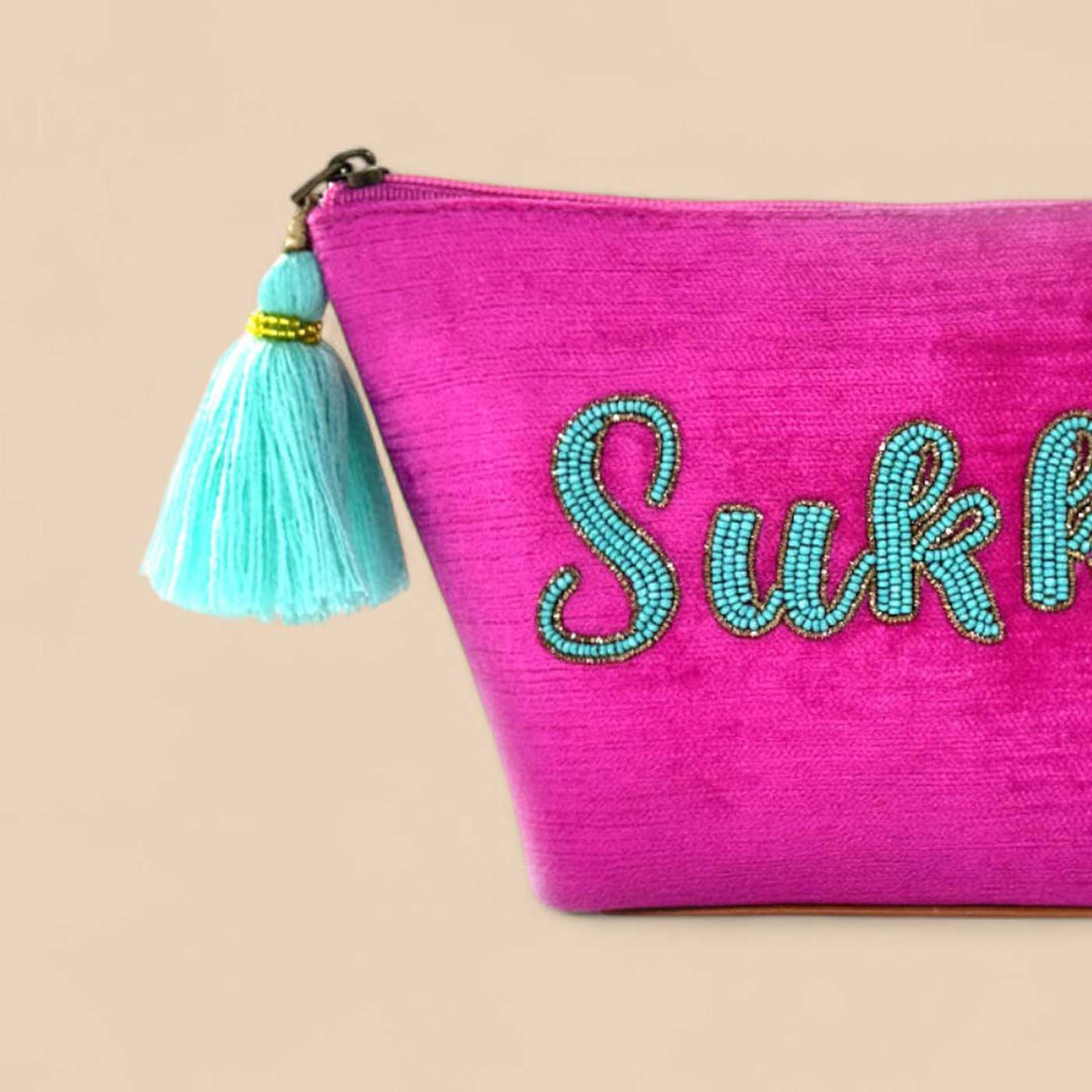 Personalized Handmade Embroidered Blue And Pink Velvet Pouch