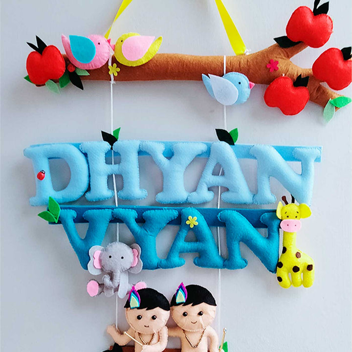 Personalized Krishna Theme Felt Kids Name Plate For Brothers