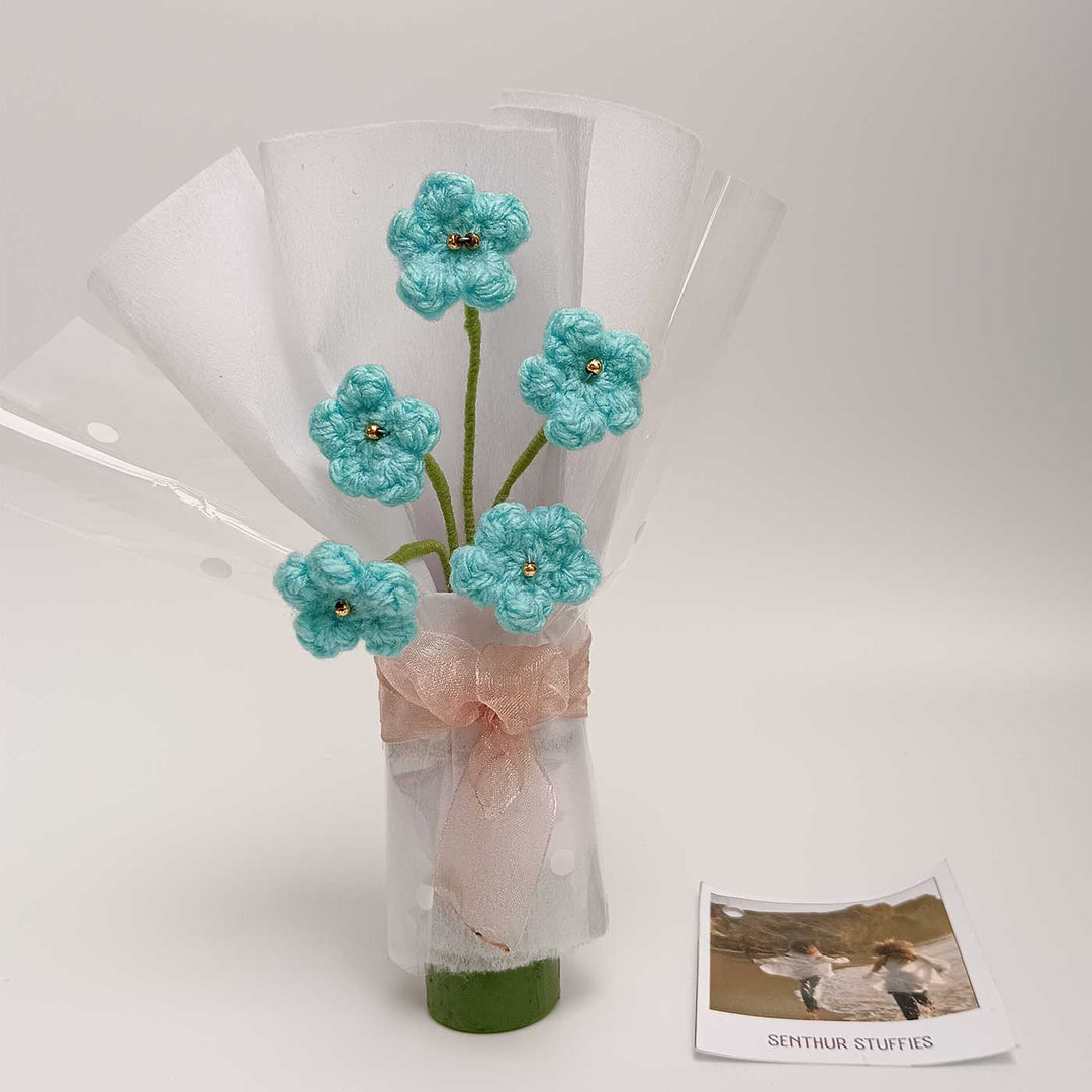 Handmade Crochet Blue Blossom Mini Flower Bouquet | Includes Photo & Greeting Card