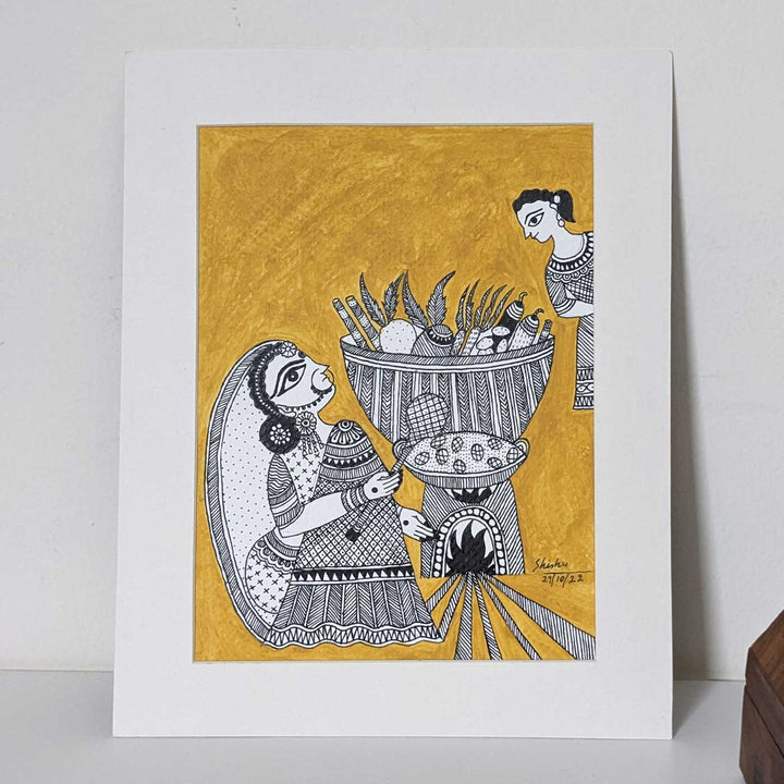7 x 9  Inch | Sacred Light of Chhath | Original Hanpainted Madhubani  Painting | Natural Colors On Paper