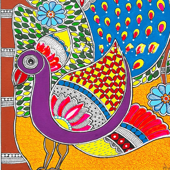 8 x 12 Inch | Peacock in Bloom | Original Hand Painted Madhubani Painting On Paper