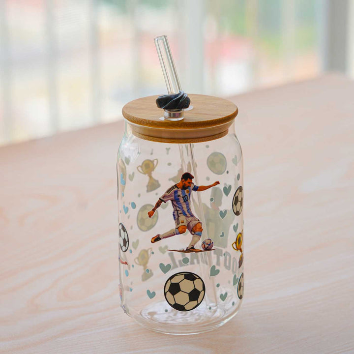Cute Printed "Messi" Theme Glass Tumbler With Straw For Kids