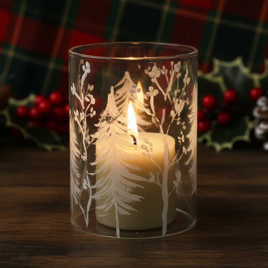 Handpainted Frosted Pine Glass Votive Candle Holder