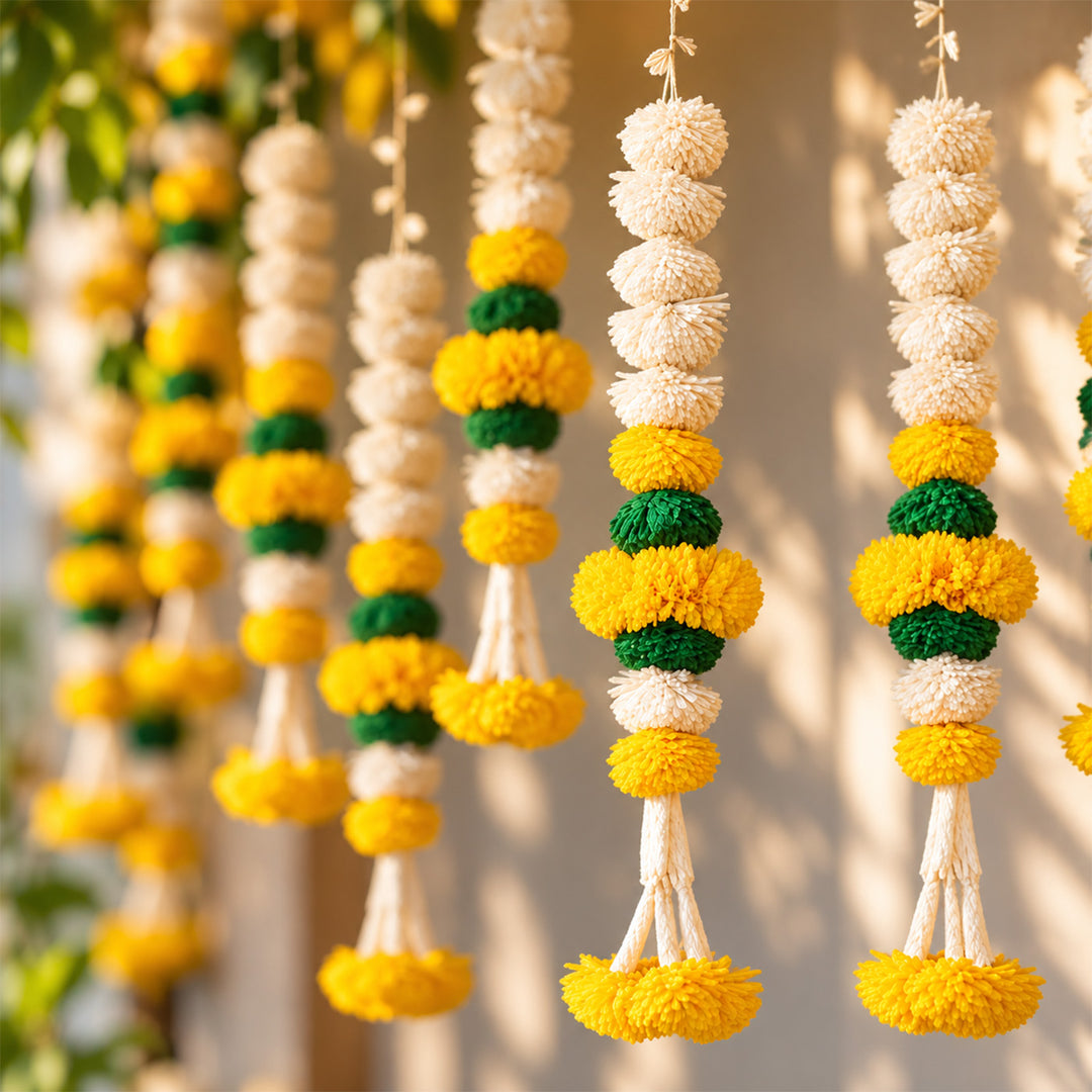 Handmade Divine Bloom White & Yellow Shola Flower Hanging | Set Of 2