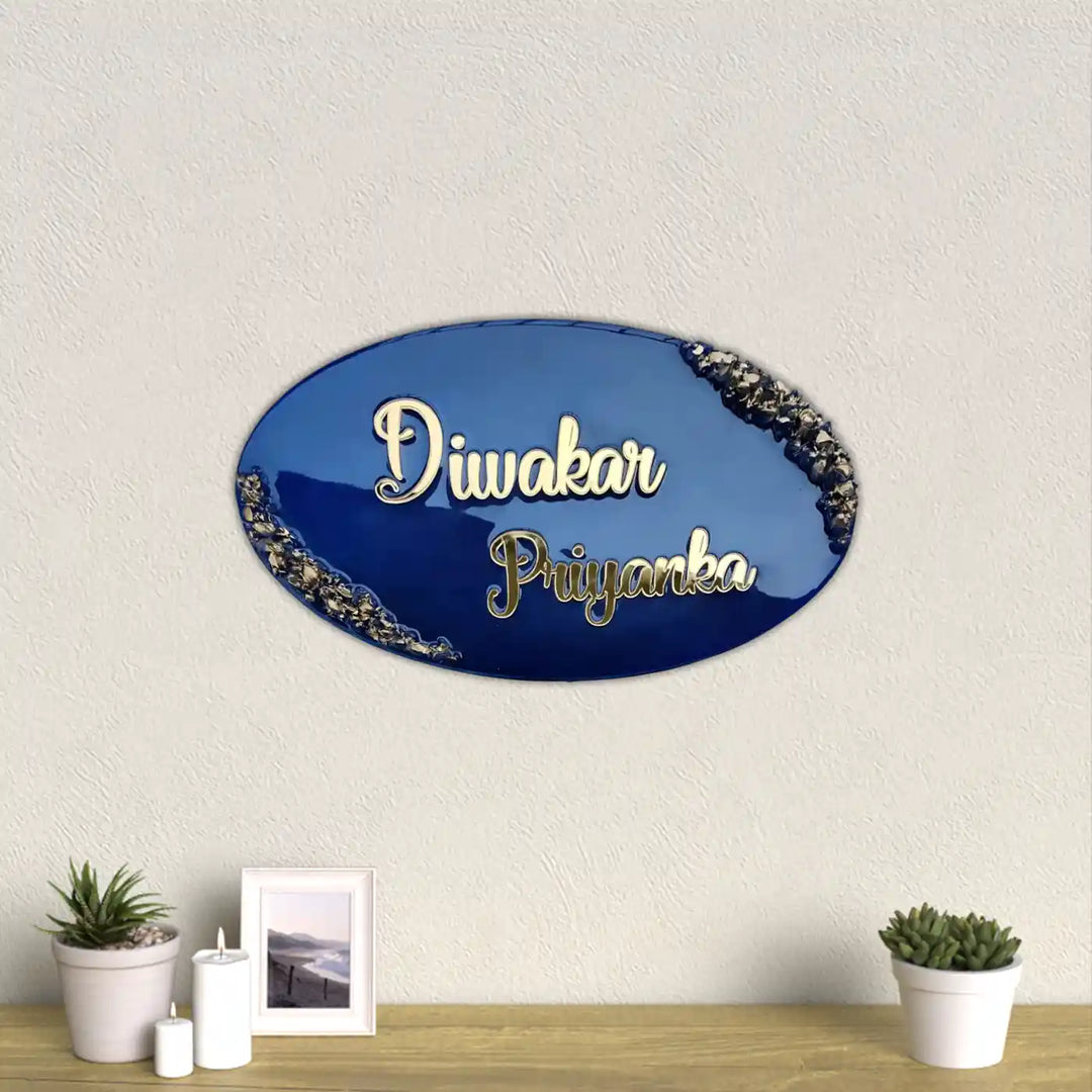 Personalized Oval Blue & Gold Resin Name Plate