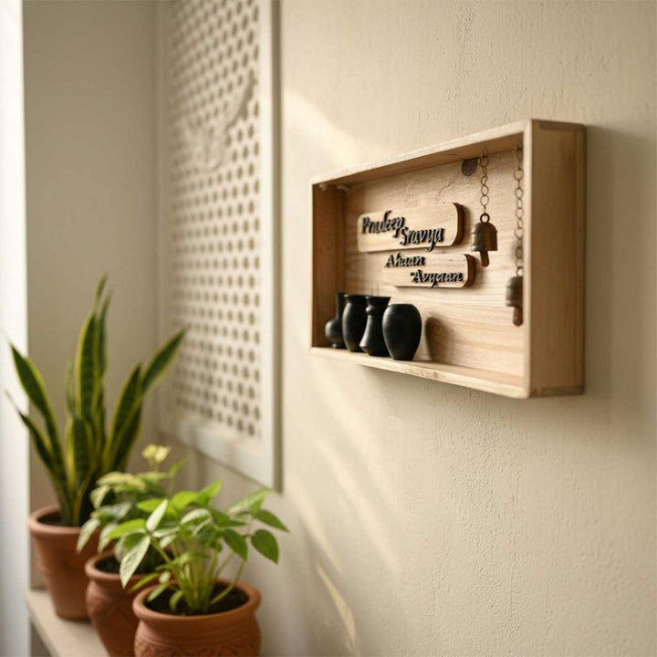 Personalized Shadowbox Pinewood Name Plate With Mini Pots & Copper Bells For Home