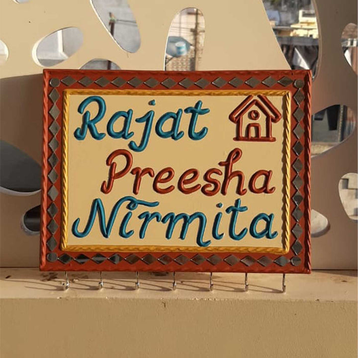 Personalized Handcrafted Lippan Art MDF Name Plate With Key Holder For Home