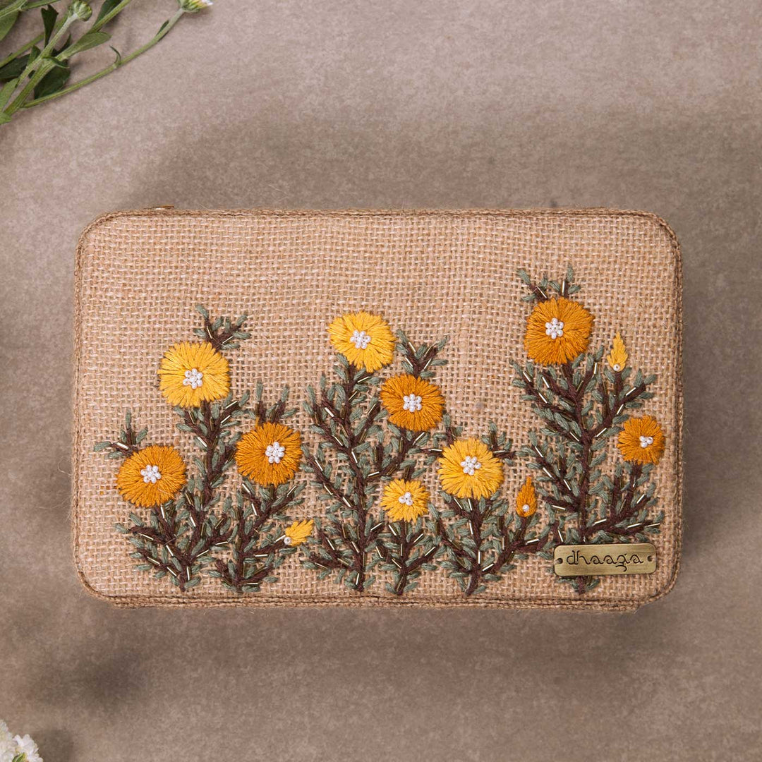 Personalized Embroidered Buttercups Beige Box Clutch