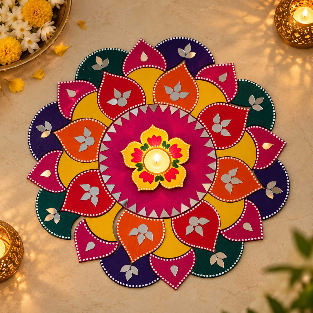 33 pc | 15 Inch Reusable Gulabi Pushpa Mirror Work Floral Mandala MDF Rangoli for Festive Decor