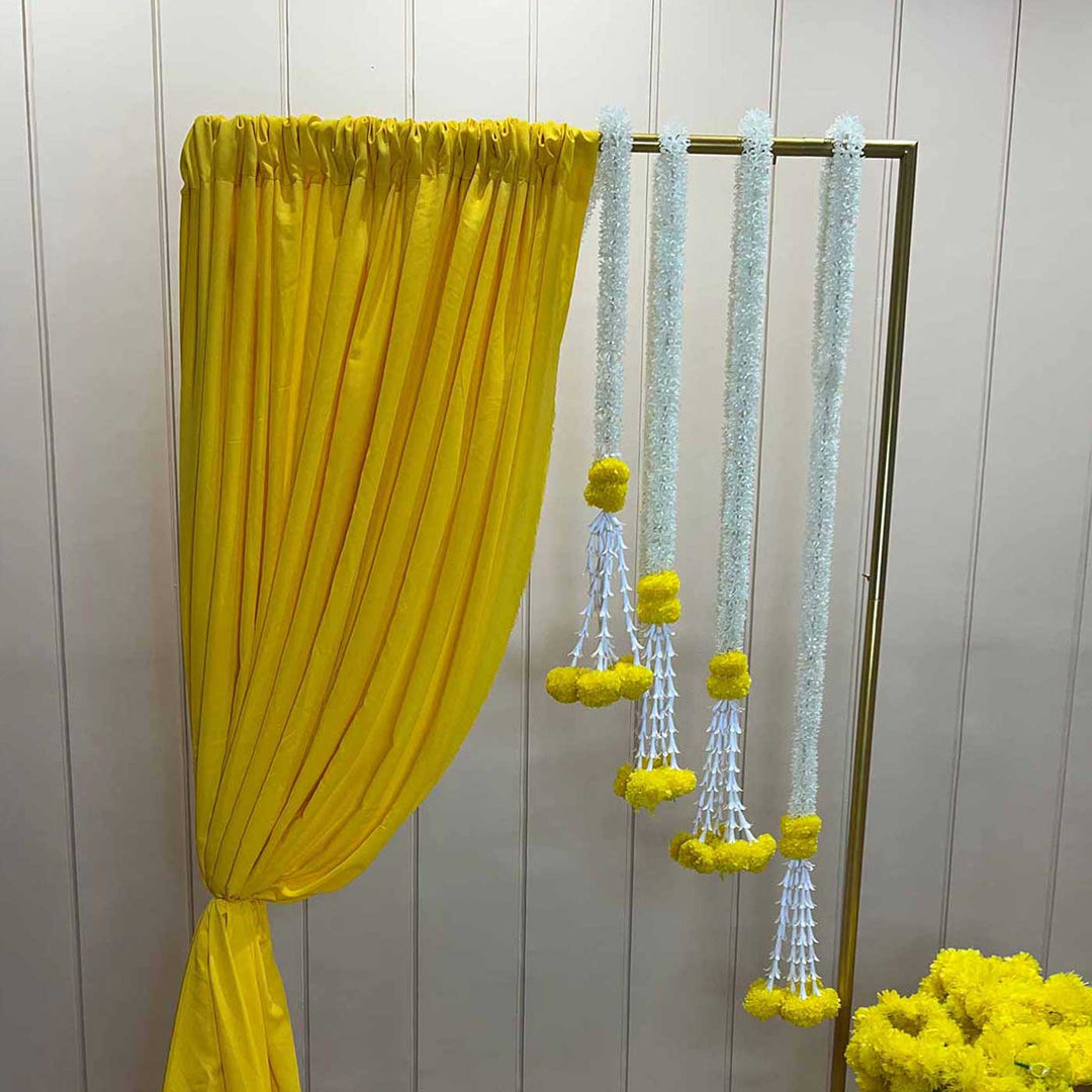 Traditional Yellow Compact Backdrop Decor Kit With Stand, Drape & Jasmine-Marigold Garlands