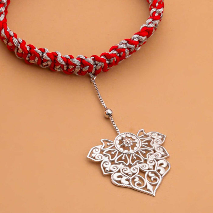 Handmade Ornate Filigree Design Silver Lumba Rakhi For Bhabhi - Pendant Close-up Attached to Rakhi