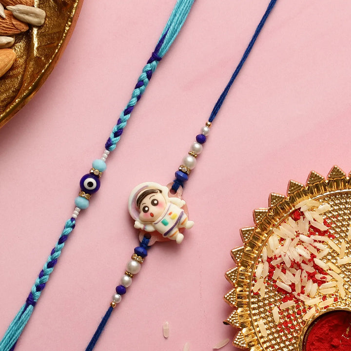 Handmade Astronaut & Evil Eye Kids Rakhi With Roli Chawal | Set Of 2