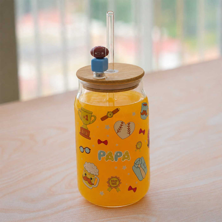 Cute Printed "Dad" Theme Glass Tumbler With Straw For Kids
