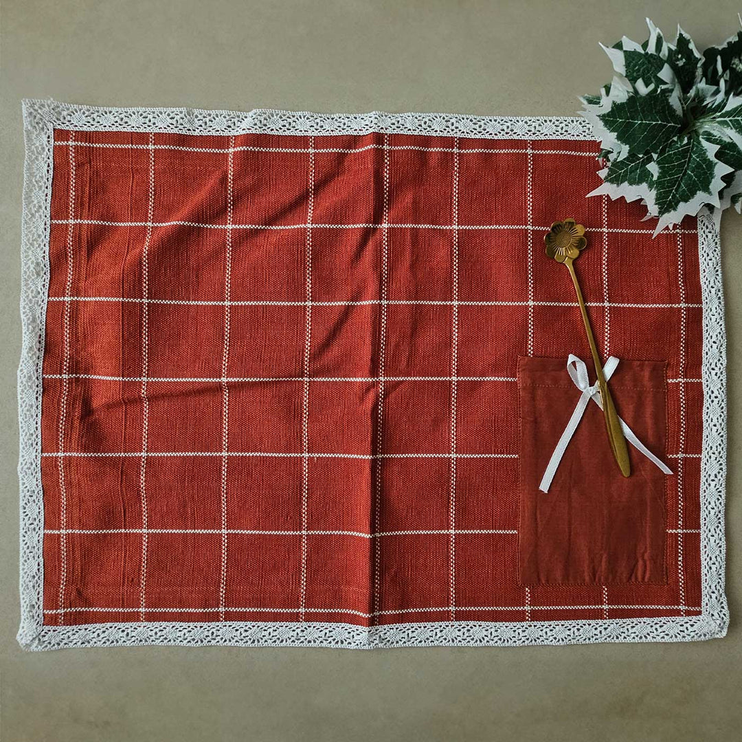 4 Pc | Handmade Checks And Cheer Cinnamon Cotton Table Mat