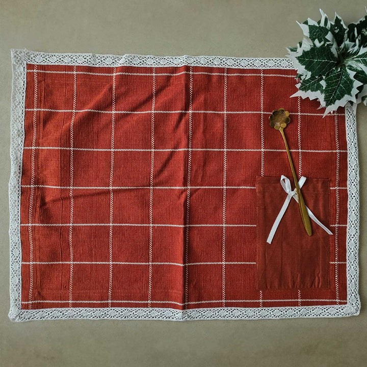4 Pc | Handmade Checks And Cheer Cinnamon Cotton Table Mat