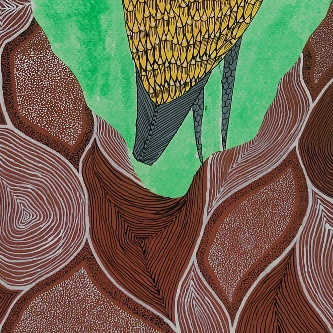 16 x 23 Inch | Tree Guardian Bird | Original Hand Painted Tribal Gond Art Painting | Acrylic Paints On Paper