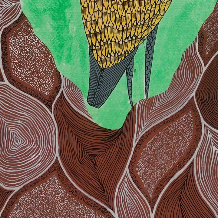 16 x 23 Inch | Tree Guardian Bird | Original Hand Painted Tribal Gond Art Painting | Acrylic Paints On Paper