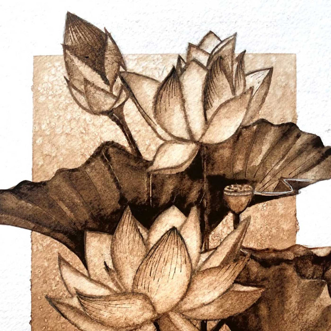 6 x 8 Inch | Handmade Paper Lotus Coffee Painting