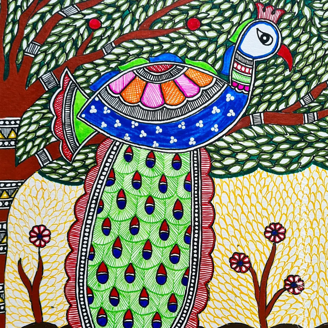 11 x 16 Inch | Peacock Under The Tree | Original Hand Painted Madhubani Painting On Paper