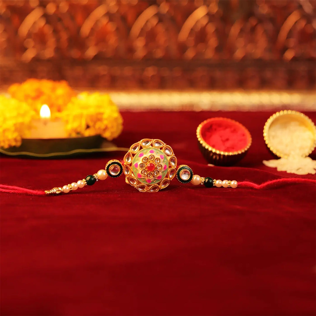 Handmade Green Mandala Meenakari Rakhi With Roli Chawal