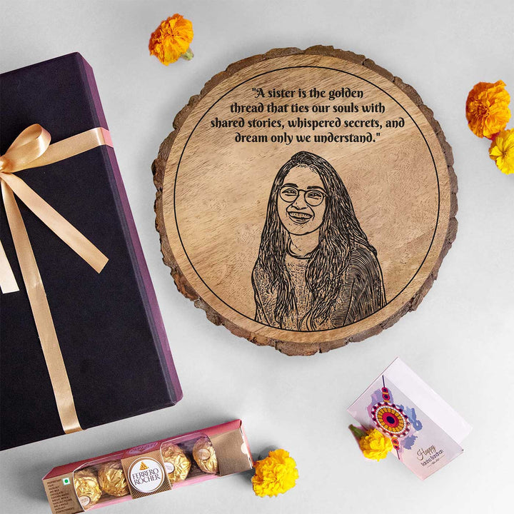 Photo Personalized Engraved Sister Theme Wooden Decorative Plaque Rakhi Hamper | Includes 1 Plaque, 1 Chocolate & 1 Card