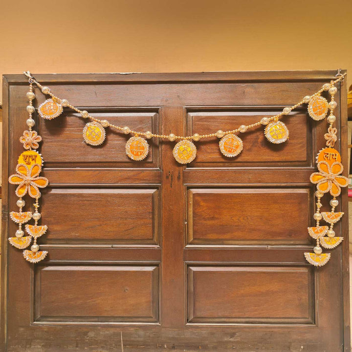 3 Pc | Handmade Festive Orange & Yellow Gota Patti Banderwal Toran with Shubh Labh Hangings