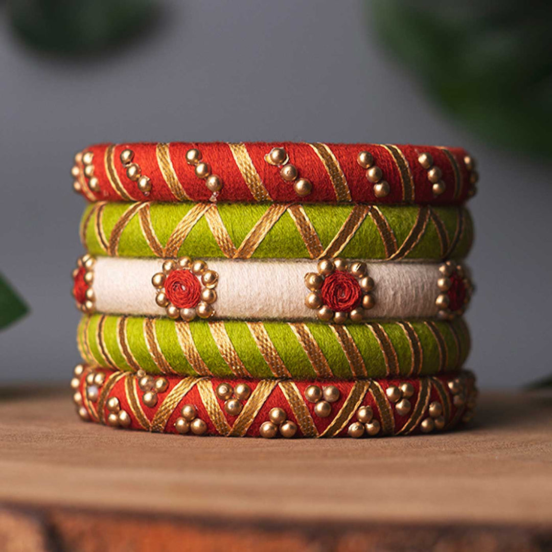 Multicolor Handcrafted Elegant Beads & Gotta Patti Bangles | Set of 5