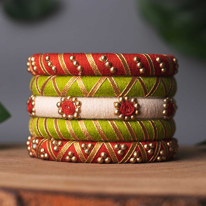 Multicolor Handcrafted Elegant Beads & Gotta Patti Bangles | Set of 5