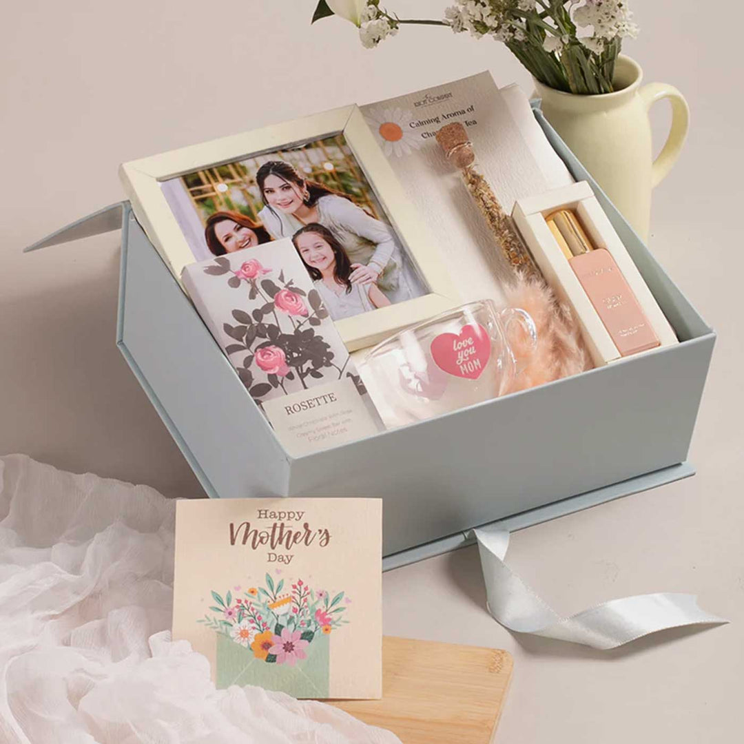 Photo Personalized Dear Mom, With Love Gift Box | Includes 1 Rose White Milk Chocolate Bar, 1 Ivory Photo Frame, 1 “Love You Mom” Glass Tea Cup, 1 Chamomile Tea Glass Tube, 1 Perfume, 1 Peek-A-Boo Gift Box