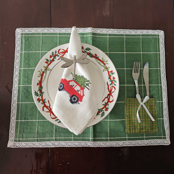 4 Pc | Handmade Checks And Cheer Pine Green Cotton Table Mat