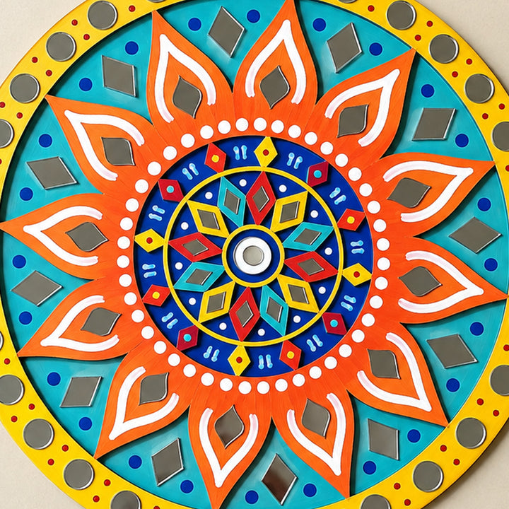 Hand-Painted Orange & Blue Floral Lippan Art Mdf Rangoli For Festive Decor