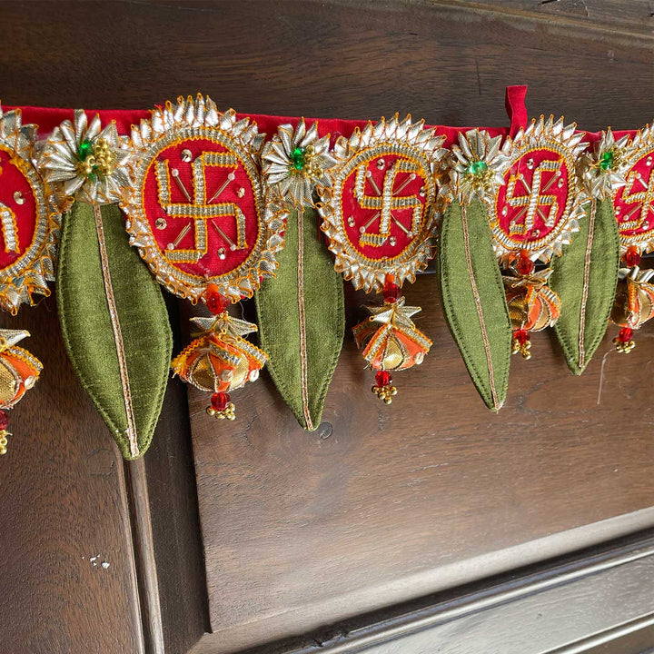 Handmade Ashoka Manglam Swastik Gota Patti Banderwal Toran With Ashok Leaves